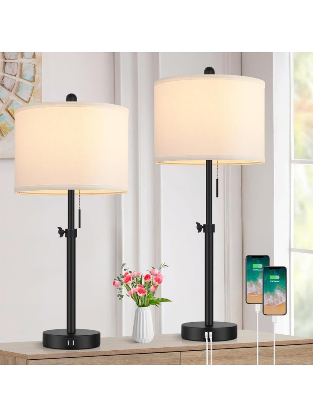 Height Adjustable Table Lamp for Bedroom, 23" to 30" Bedside Lighting Fixture